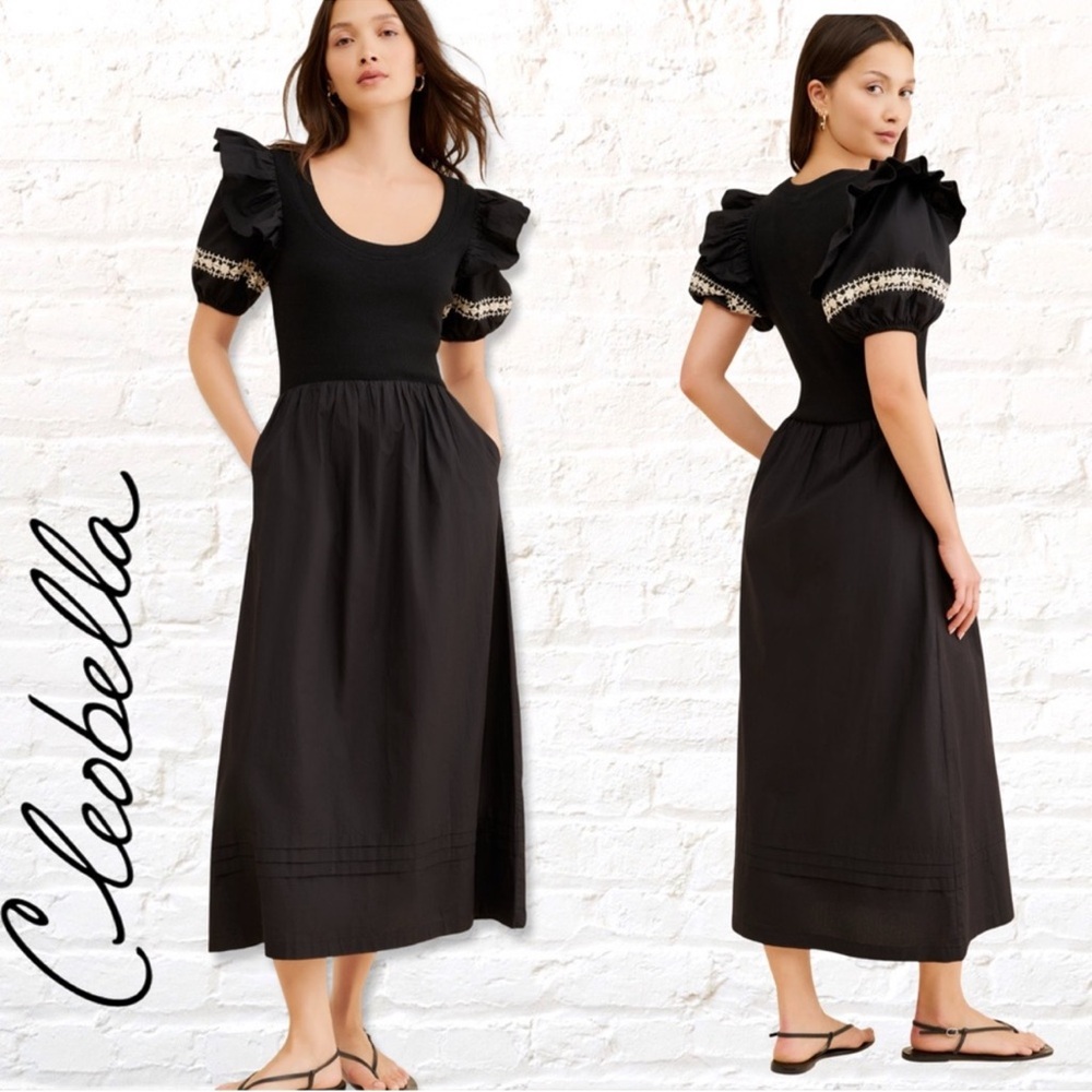 Cleobella Black Puff-Sleeve Midi Dress with Lace Trim